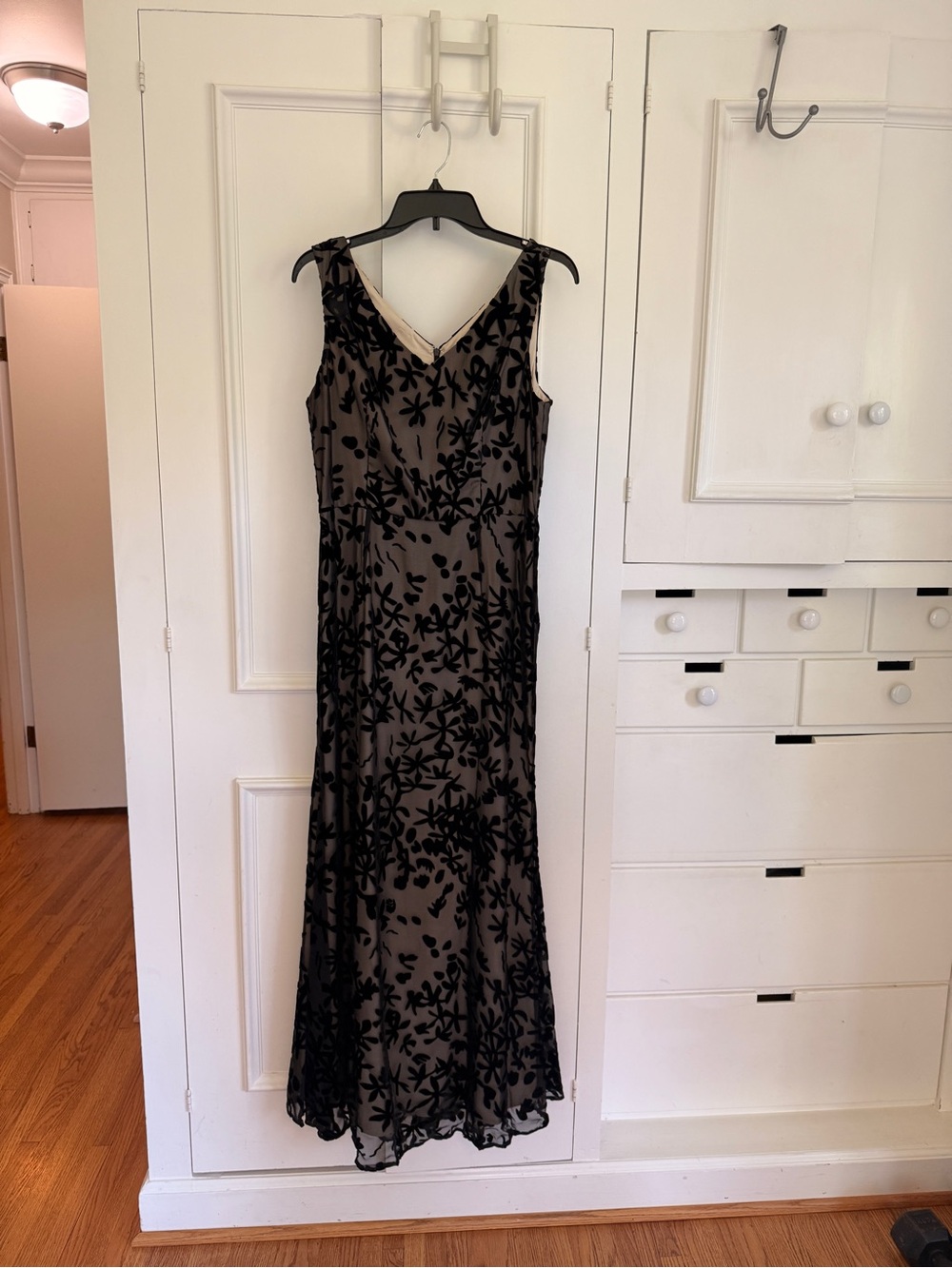 ANTONIO MELANI Black Floral Overlay Gown with Nude Lining